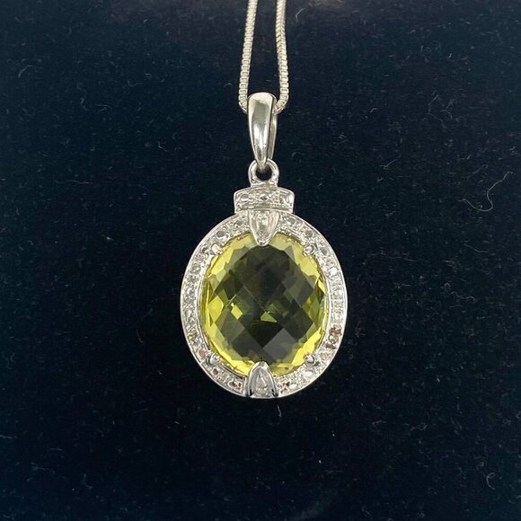Sterling Silver 925 Oval Domed Faceted Yellow Citrine & Diamond Pendant Necklace - Picture 12 of 16